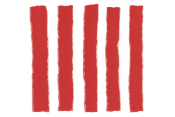 Five red torn paper strips in vertical arrangement, creating abstract graphic lines on transparent background