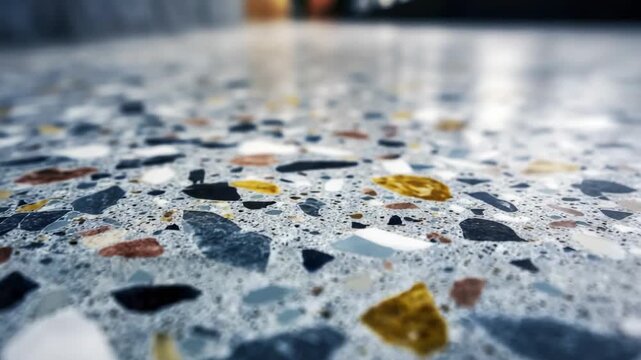 A low-angle close-up view of a polished terrazzo floor with colorful aggregate chips The surface is reflective with a shallow depth of field blurring the background