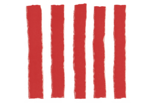 Five red torn paper strips in vertical arrangement, creating abstract graphic lines on transparent background - Powered by Adobe