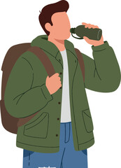 Young Man Wearing Green Jacket Backpack Drinking Water Outdoors