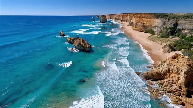 Coastal Serenity: An aerial view showcases the stunning coast, with azure waters gently lapping the shore, complemented by towering cliffs.