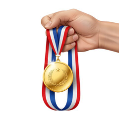 A hand holds up a gold medal with a red, white, and blue ribbon, symbolizing achievement and victory.