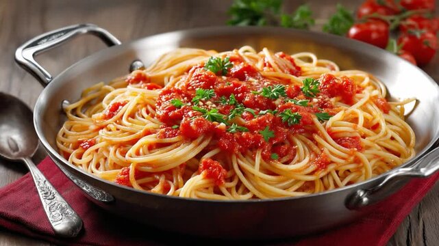 Spaghetti Dish: A close-up shot of a classic spaghetti dish. Golden strands of pasta are elegantly coated in a rich, vibrant tomato sauce, garnished with fresh herbs