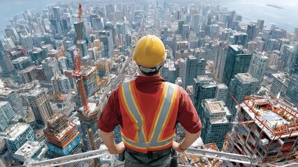 The Overseer of Metropolis: An imposing construction worker surveys the sprawling urban landscape from a lofty vantage point.