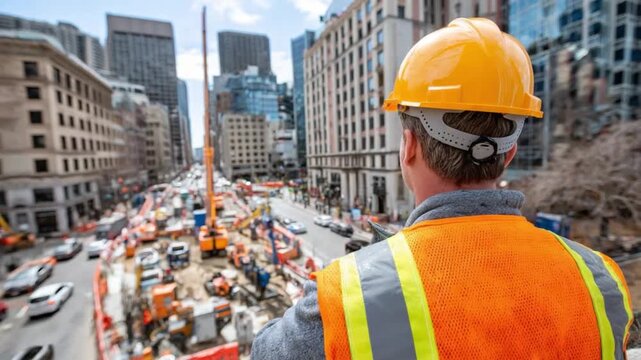 City Builder: A construction worker, clad in safety gear, surveys a bustling urban construction site filled with heavy machinery and the silhouettes of skyscrapers.