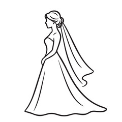 A minimalist black and white vector depicting a bride wearing a wedding gown in a side view, emphasizing soft contours and a refined, elegant form through simple line art.