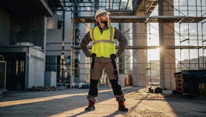 Obraz premium Male construction worker in yellow safety vest and white hard hat at building site with scaffolding background
