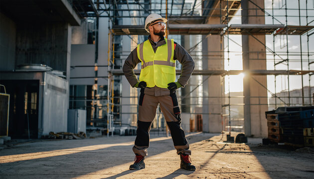 Male construction worker in yellow safety vest and white hard hat at building site with scaffolding background - Powered by Adobe