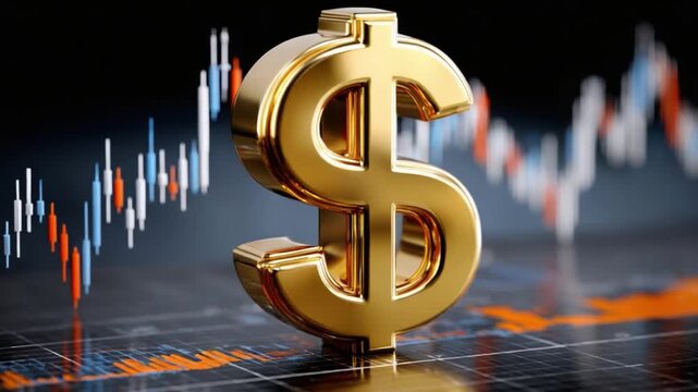 Golden Dollar's Financial Power: A shining golden dollar symbol stands boldly against a backdrop of dynamic stock charts, reflecting the vibrant pulse of the financial markets and economic growth.