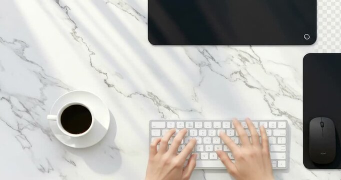 Top Down View of Hands Typing on a Wireless Keyboard at a Modern Marble Desk.