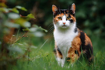 An alert and curious calico cat with vibrant golden eyes poses gracefully amidst the fresh green grass and blurred foliage of a peaceful garden.