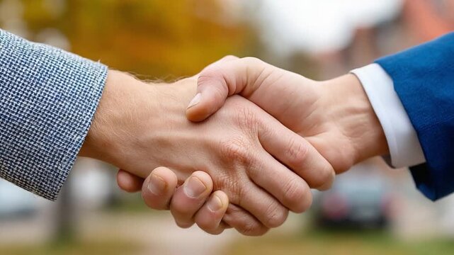 🤝🤝Deal Done: Two hands clasped tightly in a firm handshake against a blurred backdrop symbolizing the culmination of an agreement and the beginning of a new partnership.