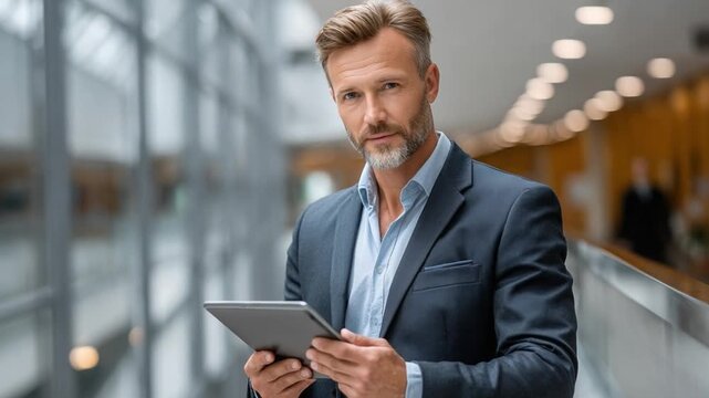 Confident Professional: A distinguished, mature man, dressed in a sharp suit, confidently engages with a tablet device, his focused gaze and composed demeanor reflecting competence and authority.