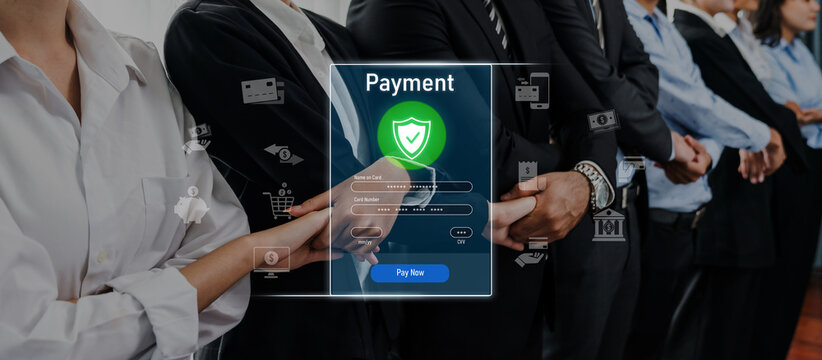 A modern secure online payment interface displayed with a group of professionals in business attire participating in transaction processing, emphasizing digital finance. Trope