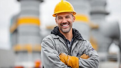 Confident Worker's Pride: An engineer, radiating confidence, beams with a genuine smile. Displaying workwear attire and protective gear while standing against an industrial background.