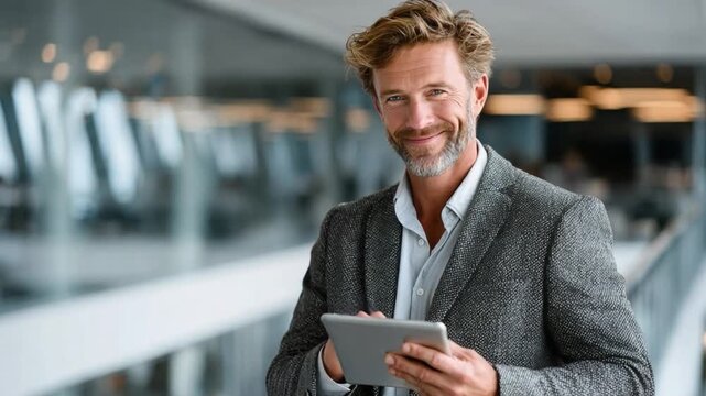 The Confident Professional: A poised man, impeccably dressed in a tailored jacket, exudes a confident and approachable air while holding a sleek tablet.