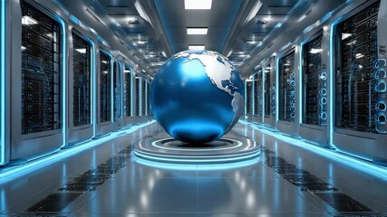 Global Network in Data Center: An ethereal, futuristic data center hallway, centered by a metallic globe, embodying global interconnectedness and technological innovation. - Powered by Adobe
