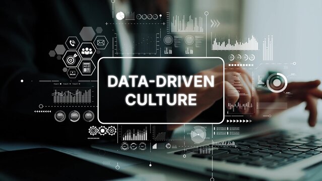 Business professional promoting data-driven culture with technology and analytics in modern office environment. Asymptotic smart data analytic.