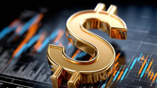 Financial Emblem: A gleaming gold dollar symbol rests atop a blurred backdrop of financial charts, evoking the vibrant world of investment and economics.