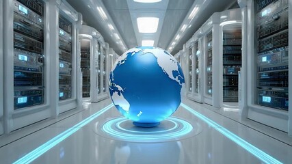Global Data Hub: A stylized globe positioned in the center of a futuristic server room, symbolizing global connectivity and data management in a digital world. - Powered by Adobe