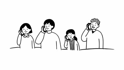 Doodle illustration of diverse family friends talking on phone vector scalable art