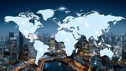 Global Network: A digital illustration of a connected world map overlaid on a dynamic cityscape at night, symbolizing global connectivity and data exchange. - Powered by Adobe