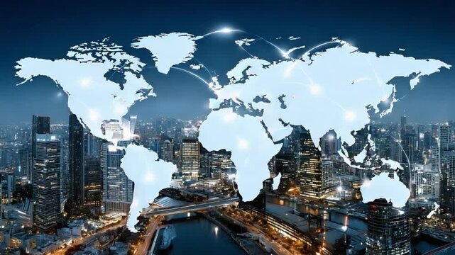 Global Network: A digital illustration of a connected world map overlaid on a dynamic cityscape at night, symbolizing global connectivity and data exchange. 
