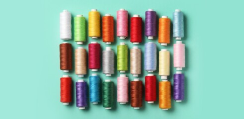 Set of colorful thread spools on turquoise background