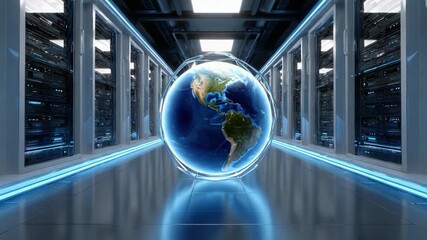 Global Data Center: A striking visual of a data center, with servers stretching into the distance. A glowing earth sphere hovers in the center. - Powered by Adobe