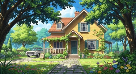 Charming anime-style illustration of a cozy yellow house nestled in a vibrant, blooming garden with a classic car in the driveway.