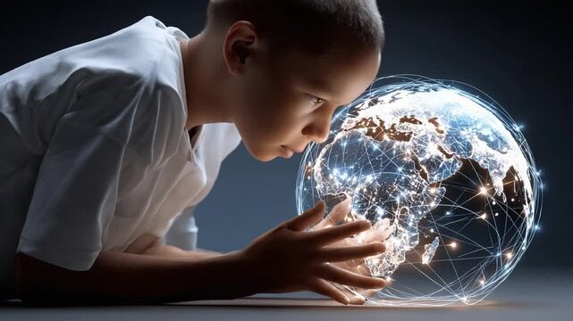 World in Sight: A young person gazes intently at a glowing representation of the globe, filled with the interconnectedness of global network.