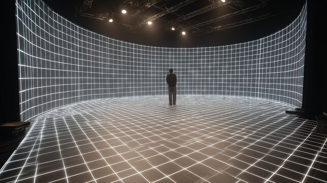 Futuristic Space Scene with Person Standing on Glowing Grid Stage Center, for Digital Display and Virtual Design Creative Material