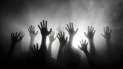Silhouetted hands reach upwards through a smoky veil towards a bright light, symbolizing hope, struggle, and collective human emotion.