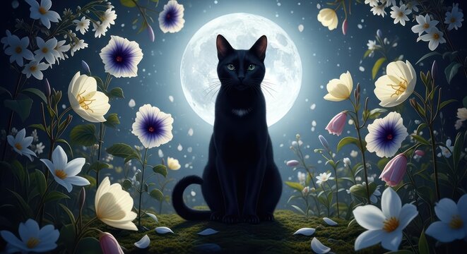 Serene nocturnal scene of a sleek black cat amidst wildflowers under a watchful moon