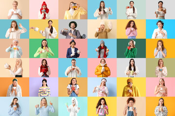 Collage of different people with hot tea on color background