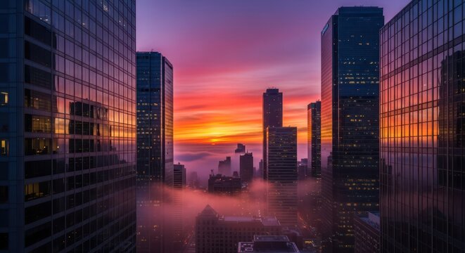 Metropolitan Majesty: A cityscape painted with ethereal sunset hues and embracing fog