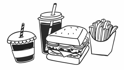 Hand drawn doodle fast food sandwich combo meal with fries and drinks vector illustration