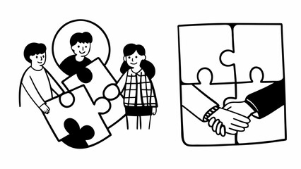 Doodle style vector illustrations of people collaborating and shaking hands
