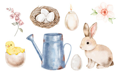 Watercolor Easter clipart set including a rabbit, nest with eggs, flowers, metal jug, chick, and decorative elements. Perfect for cards, posters, packaging, crafts, and seasonal design compositions.