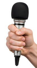 A person's hand firmly holding a silver dynamic microphone with a black foam windscreen against a white background.
