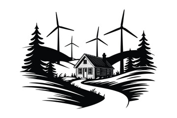 Fototapeta premium Silhouette of a Rustic Cabin with Wind Turbines and Pine Trees on Rolling Hills vector illustration