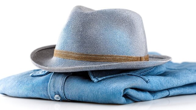 A blue denim hat and a folded blue denim shirt on a white background.