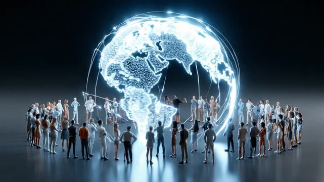Global Unity: A vibrant illustration showcasing a diverse assembly of individuals encircling a luminous globe, representing global interconnectedness, collaboration.