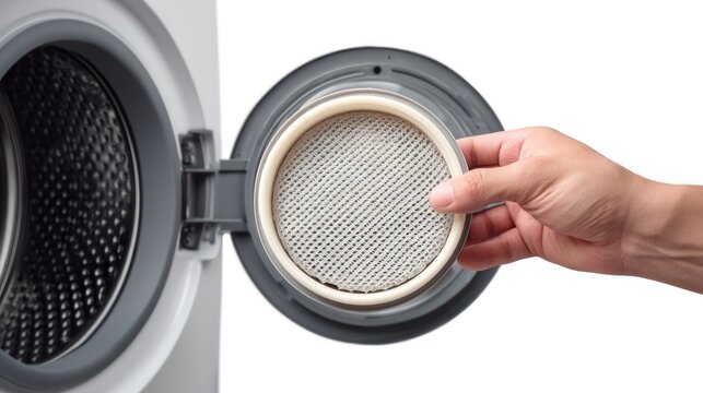 A hand is holding a filter from a washing machine, with the machine open and the filter inside.