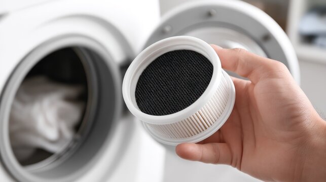 A person holding a white and black vacuum filter in front of a washing machine with a white load of clothes inside.