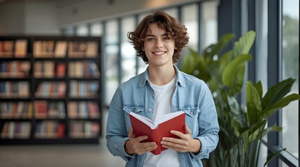 Bright academic scene featuring a cheerful young student standing in a modern library, holding an open book while surrounded by natural light, shelves of literature, and an inviting scholarly atmosphe