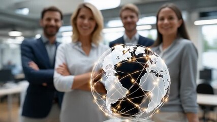 Global Connectivity: A forward-thinking business team stands poised, a glowing globe symbolizing worldwide connectivity and collaborative spirit in modern workplace. - Powered by Adobe