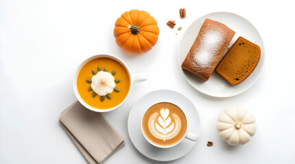 Overhead shot of pumpkin soup, pumpkin bread, and latte, showcasing autumn flavors and cozy vibes for a seasonal treat