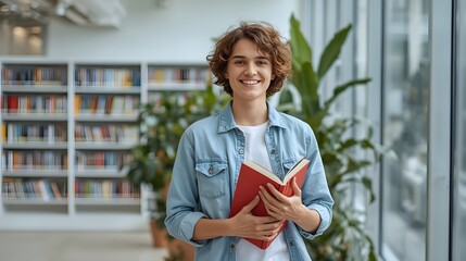 Bright academic scene featuring a cheerful young student standing in a modern library, holding an open book while surrounded by natural light, shelves of literature, and an inviting scholarly atmosphe