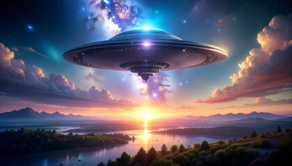 夕焼け空に現れた巨大UFOの降臨